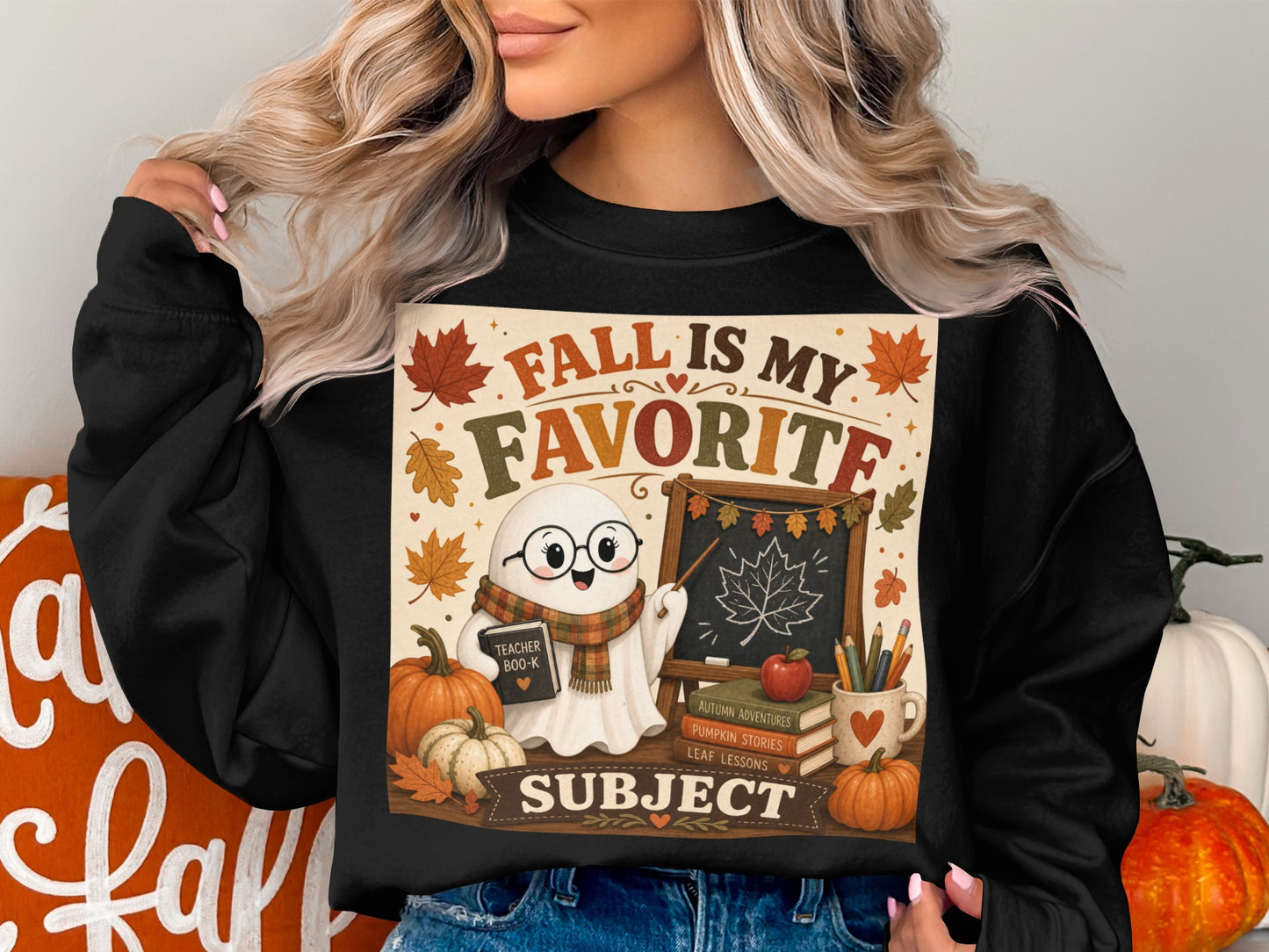 Cute ghost teaching with pumpkins and books, text reads "Fall is my favorite subject".