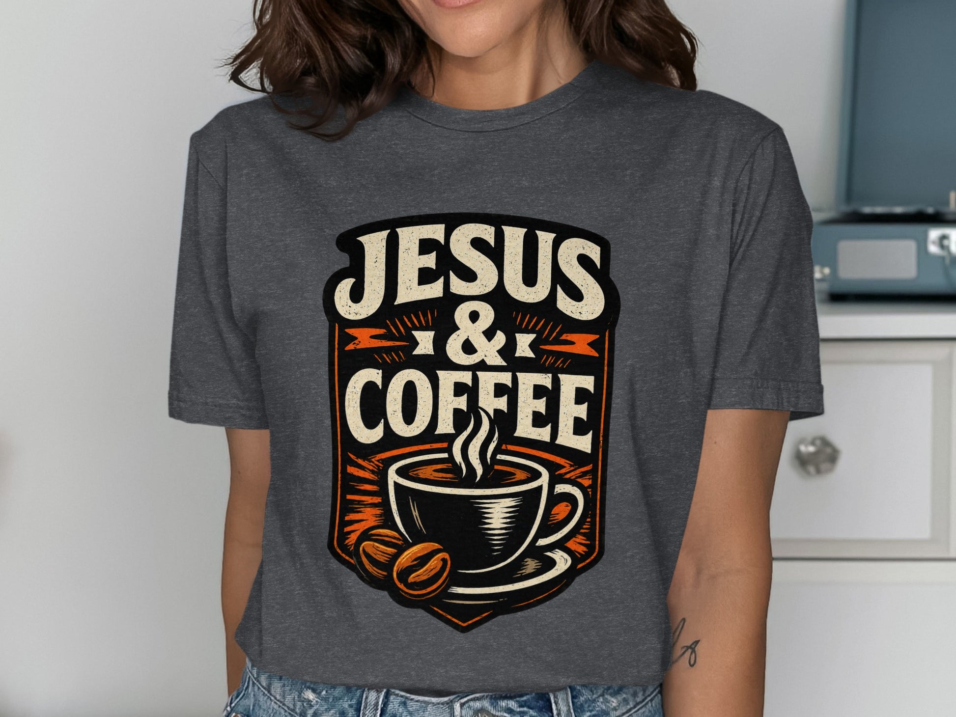 Dark gray t-shirt with "Jesus & Coffee" graphic featuring a coffee cup.