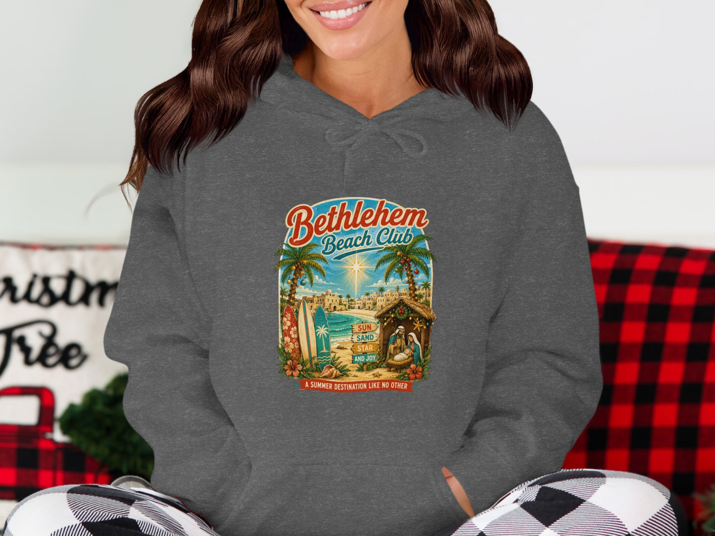 Bethlehem Beach Club logo with palm trees, surfboards, a nativity scene, and text.