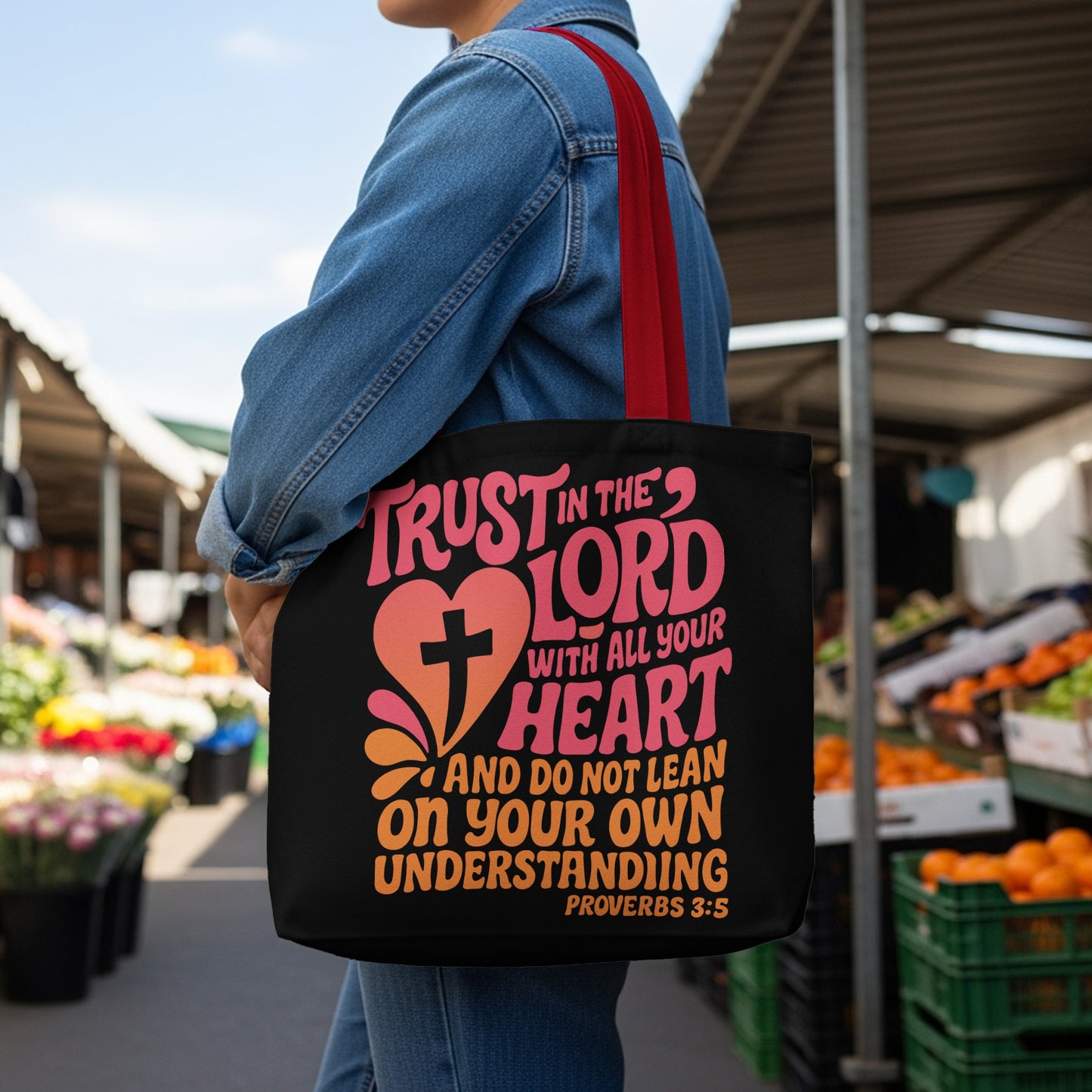 Black tote bag with "Trust in the Lord with all your heart" and Proverbs 3:5.
