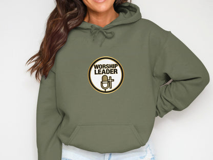 Olive green hoodie with "Worship Leader" text and a cross with a microphone.