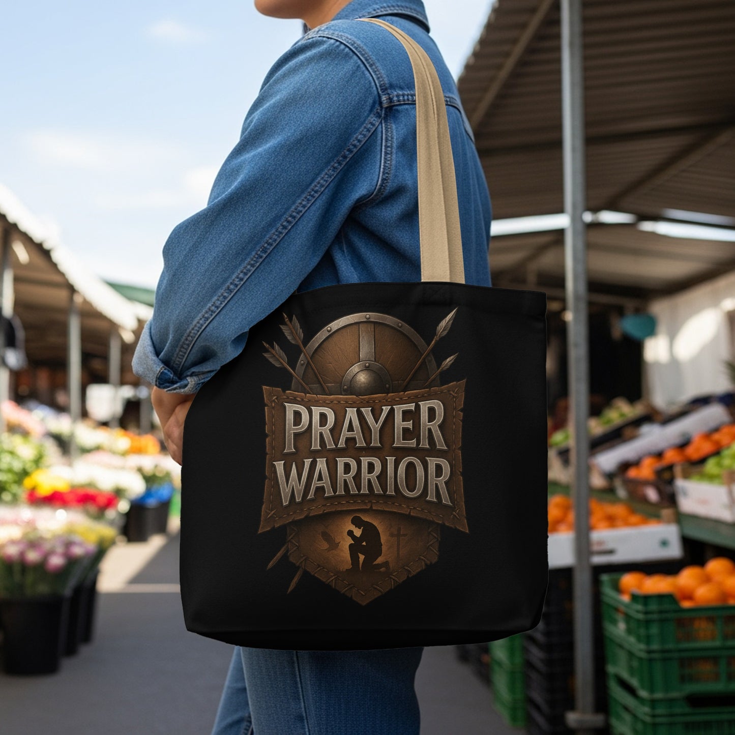 Black tote bag with "Prayer Warrior" text and shield emblem.