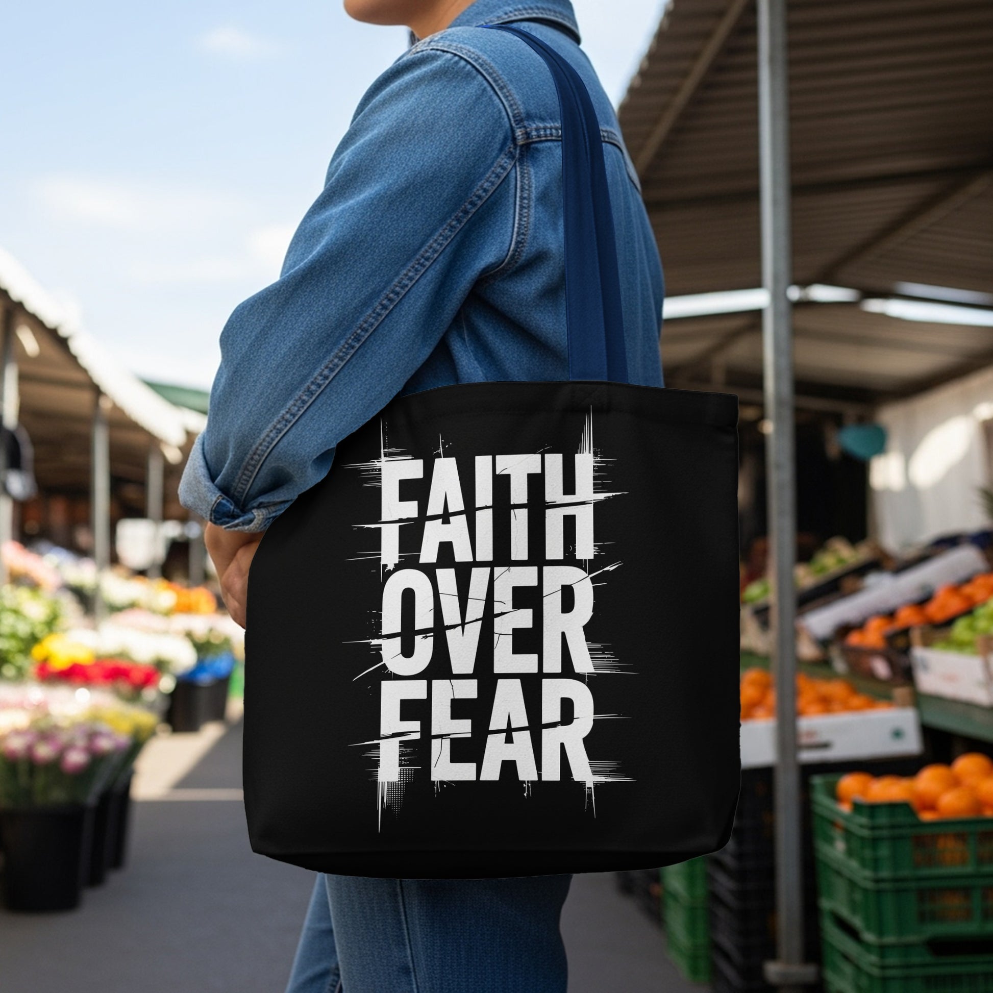 Black tote bag with white text that says "FAITH OVER FEAR".