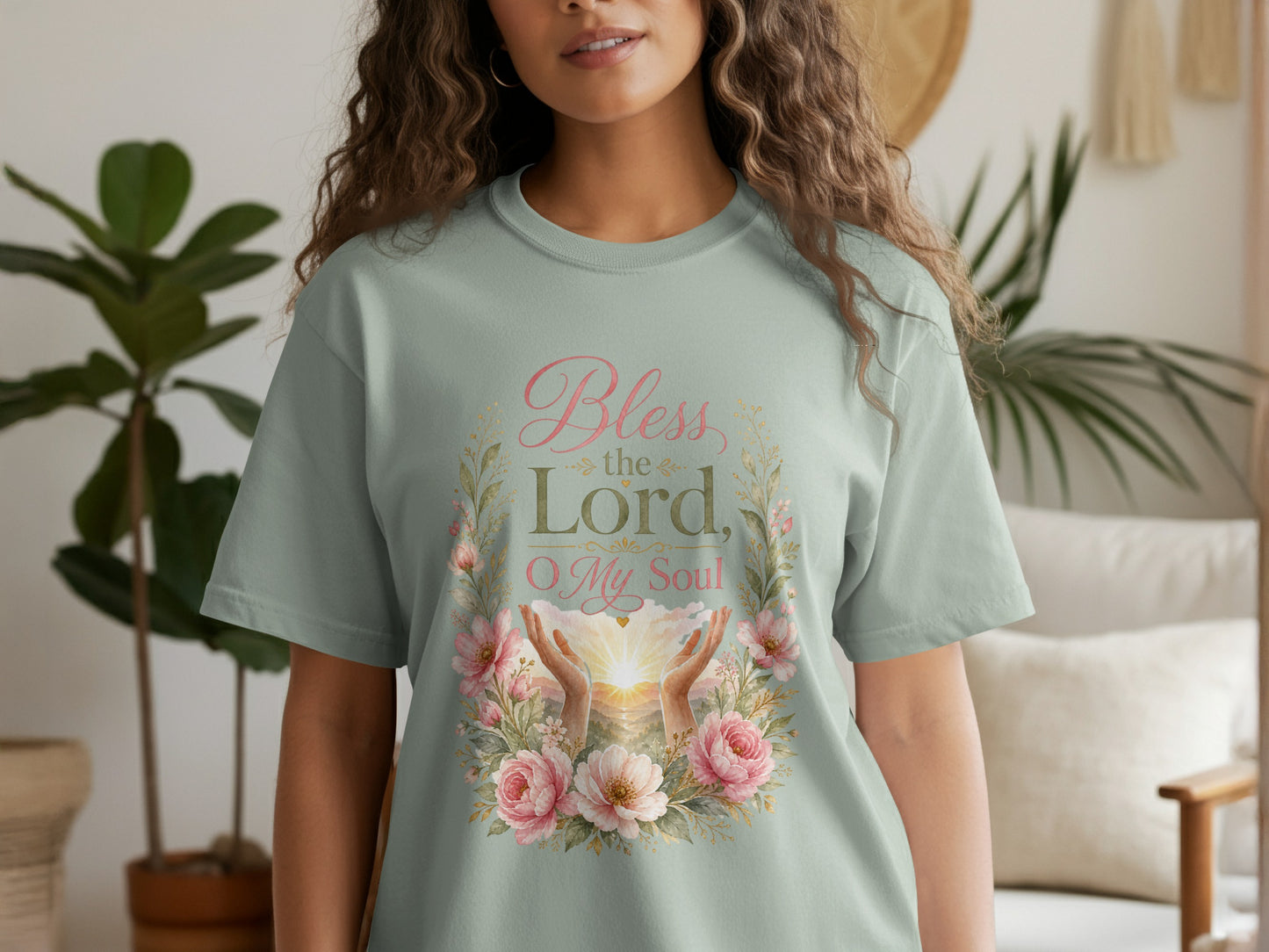 T-shirt with "Bless the Lord, O My Soul" text and floral wreath design.