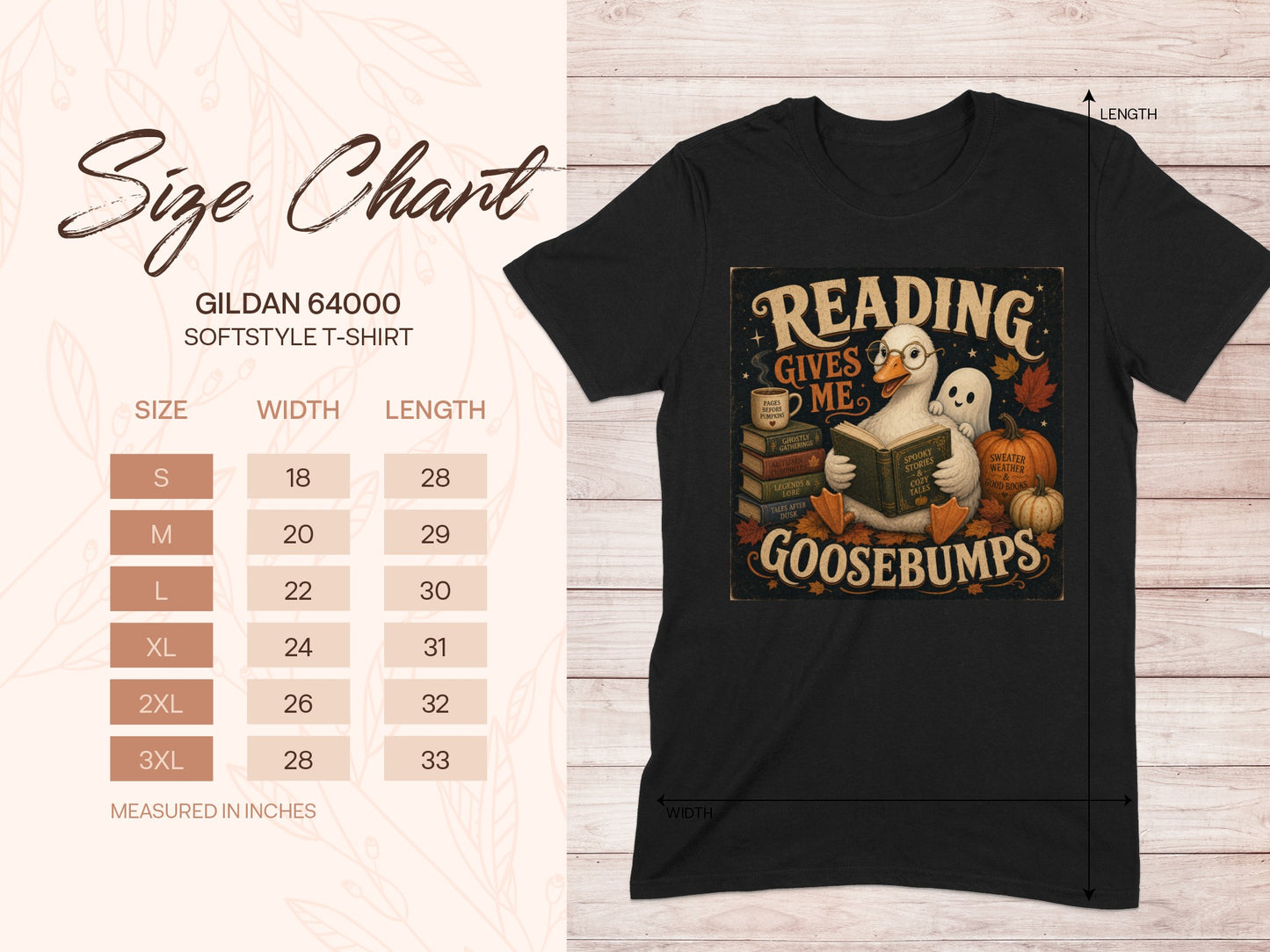 Black t-shirt with "Reading Gives Me Goosebumps" graphic and Gildan size chart.