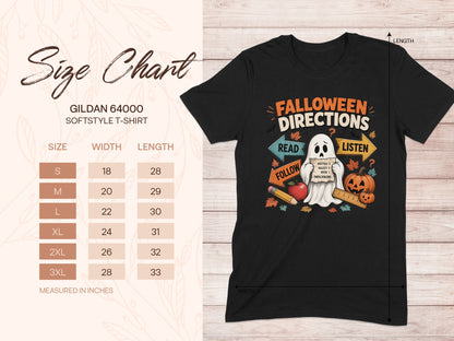 Black t-shirt with "Falloween Directions" graphic and size chart.
