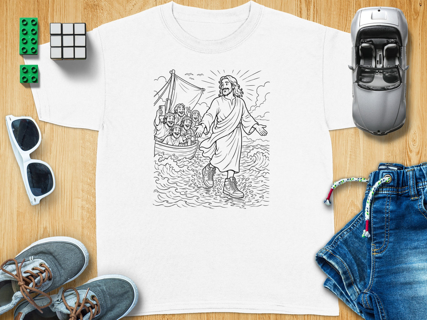 Jesus walking on water with disciples in a boat.