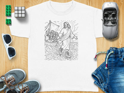 Jesus walking on water with disciples in a boat.