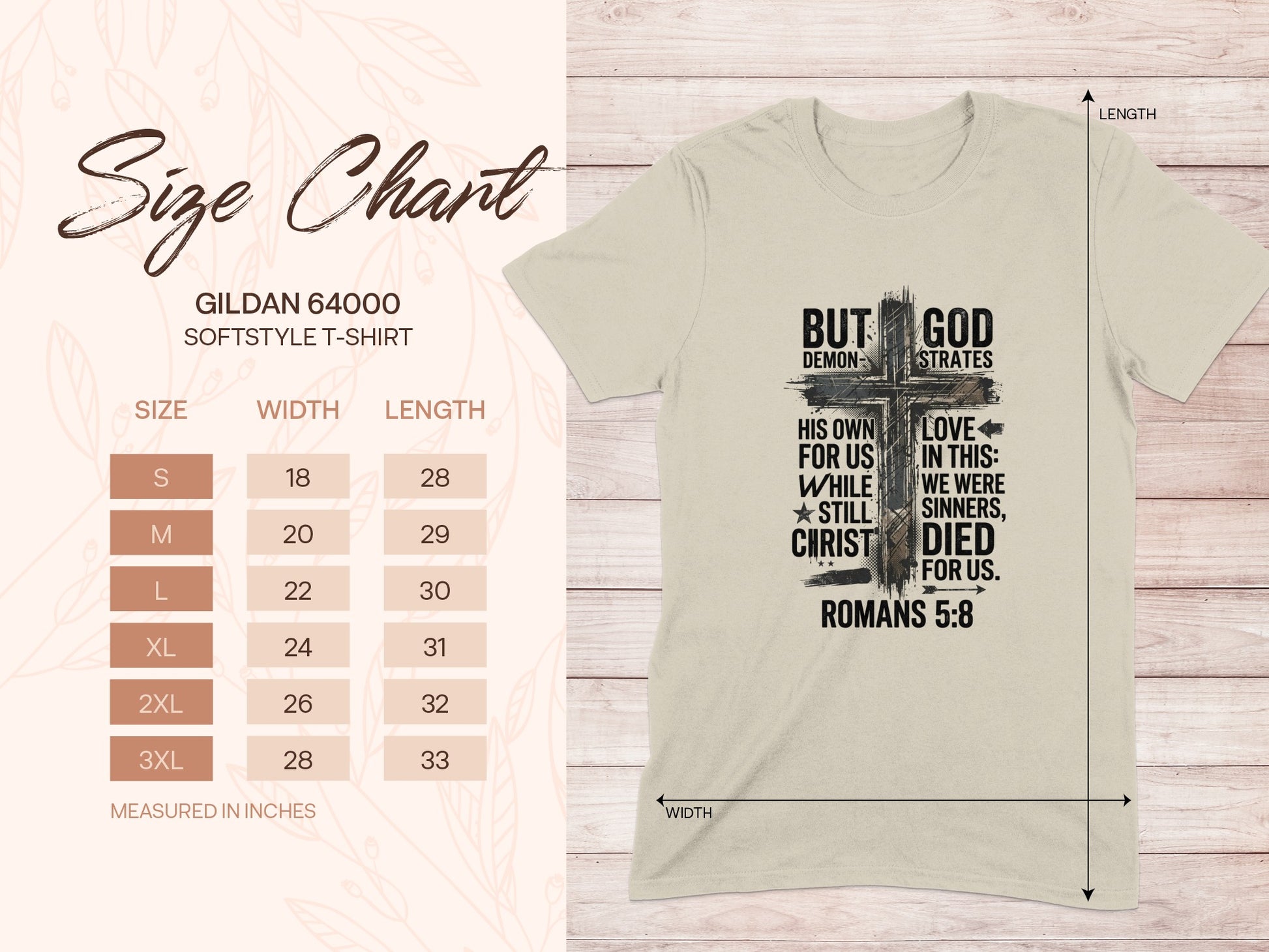 Gildan 64000 t-shirt size chart with "But God" graphic and Romans 5:8.