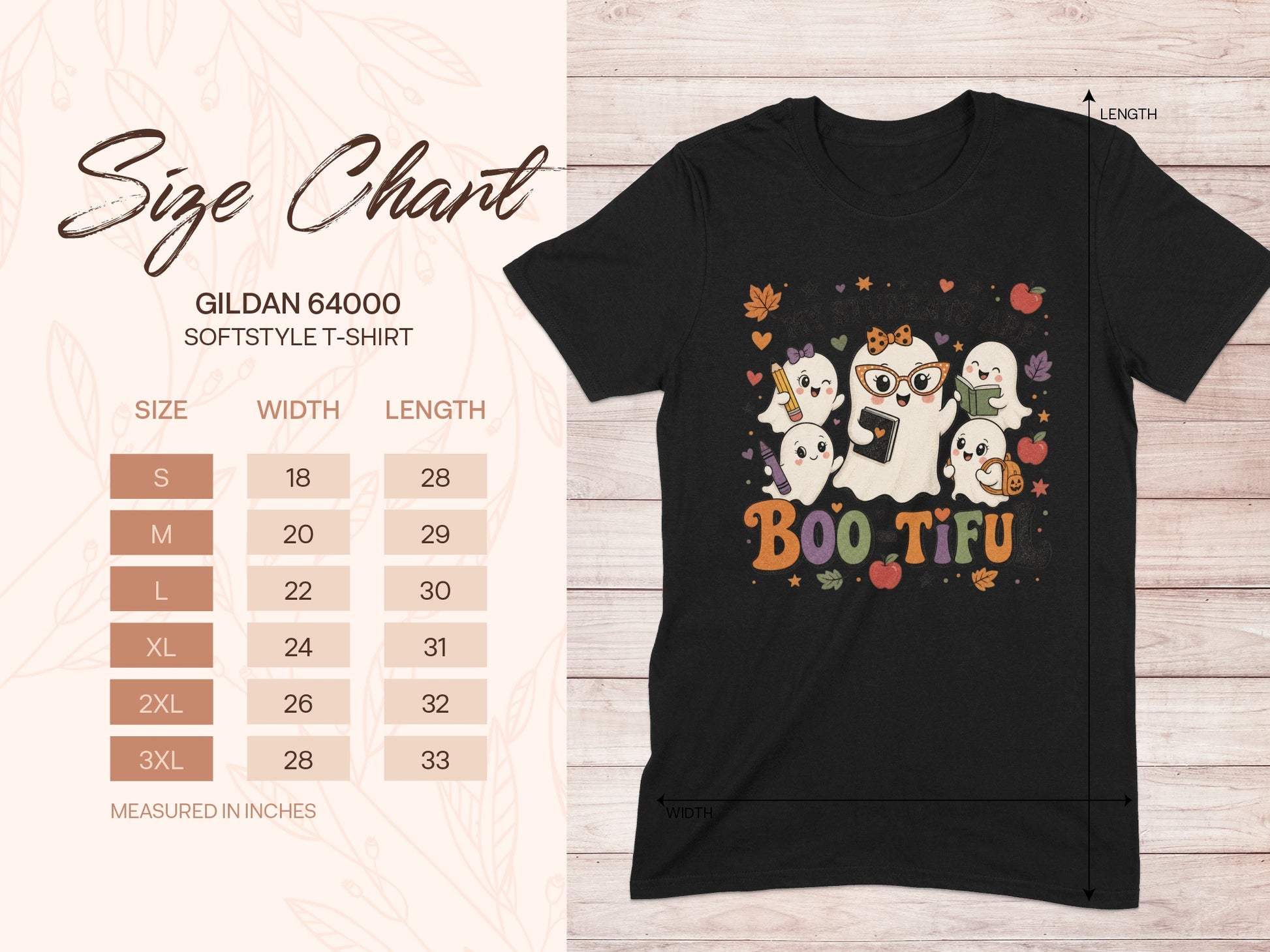 Black t-shirt with "Boo Tiful" and ghosts design, with Gildan 64000 size chart.