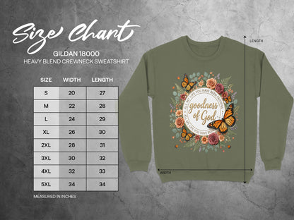 Gildan 18000 sweatshirt size chart with dimensions and crewneck graphic.