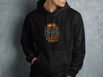 Black hoodie with "Fall For Jesus" text and fall-themed graphics.