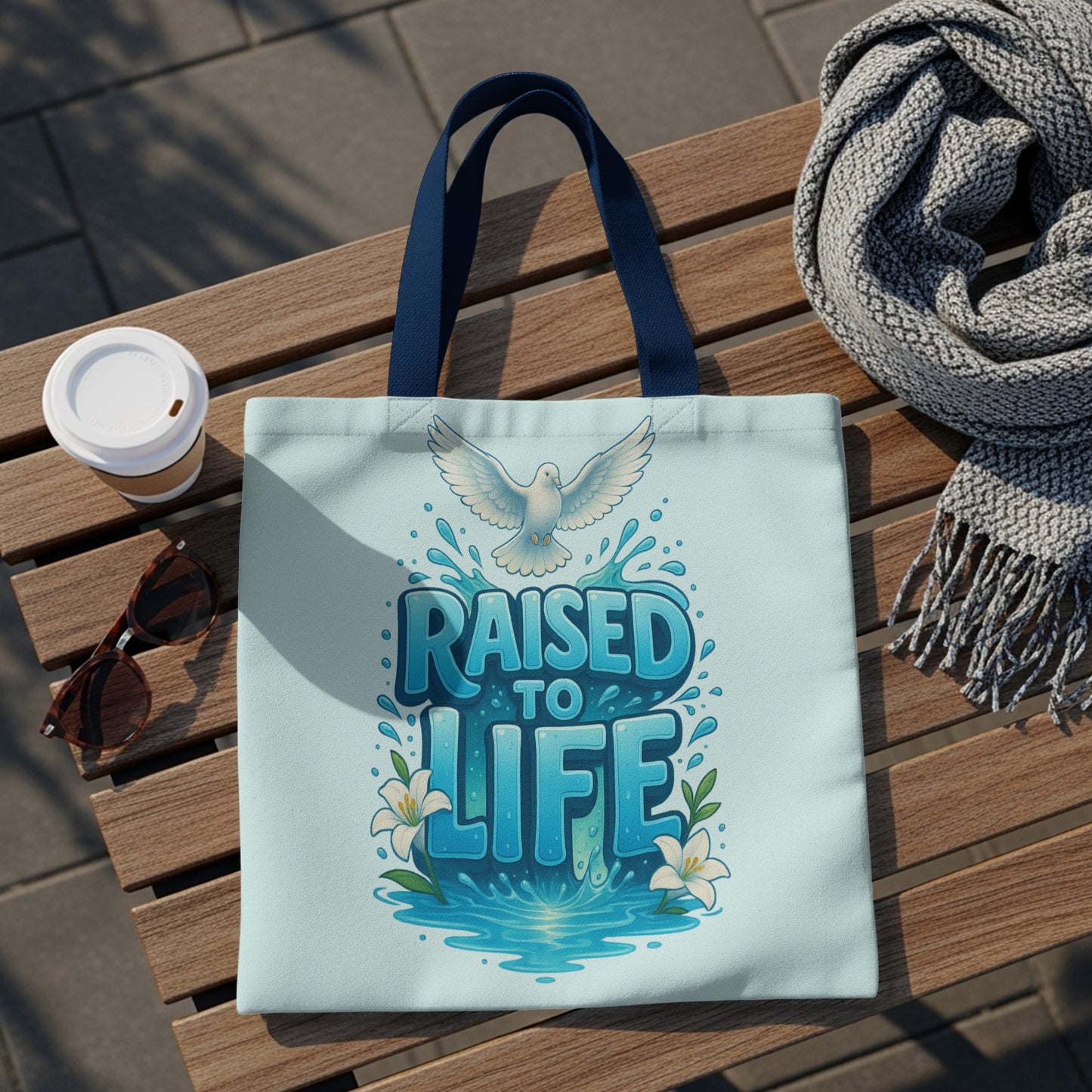 Tote bag with "RAISED TO LIFE" text, dove, water splashes, and lilies.