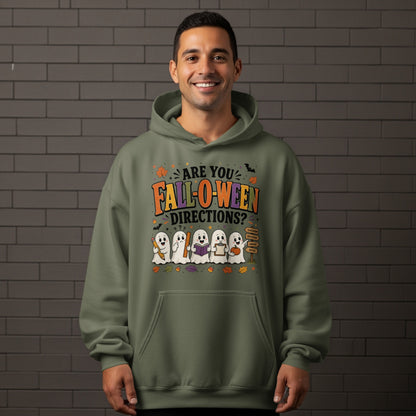Green hoodie with "Are you Fall-o-ween directions?" text and cartoon ghosts.