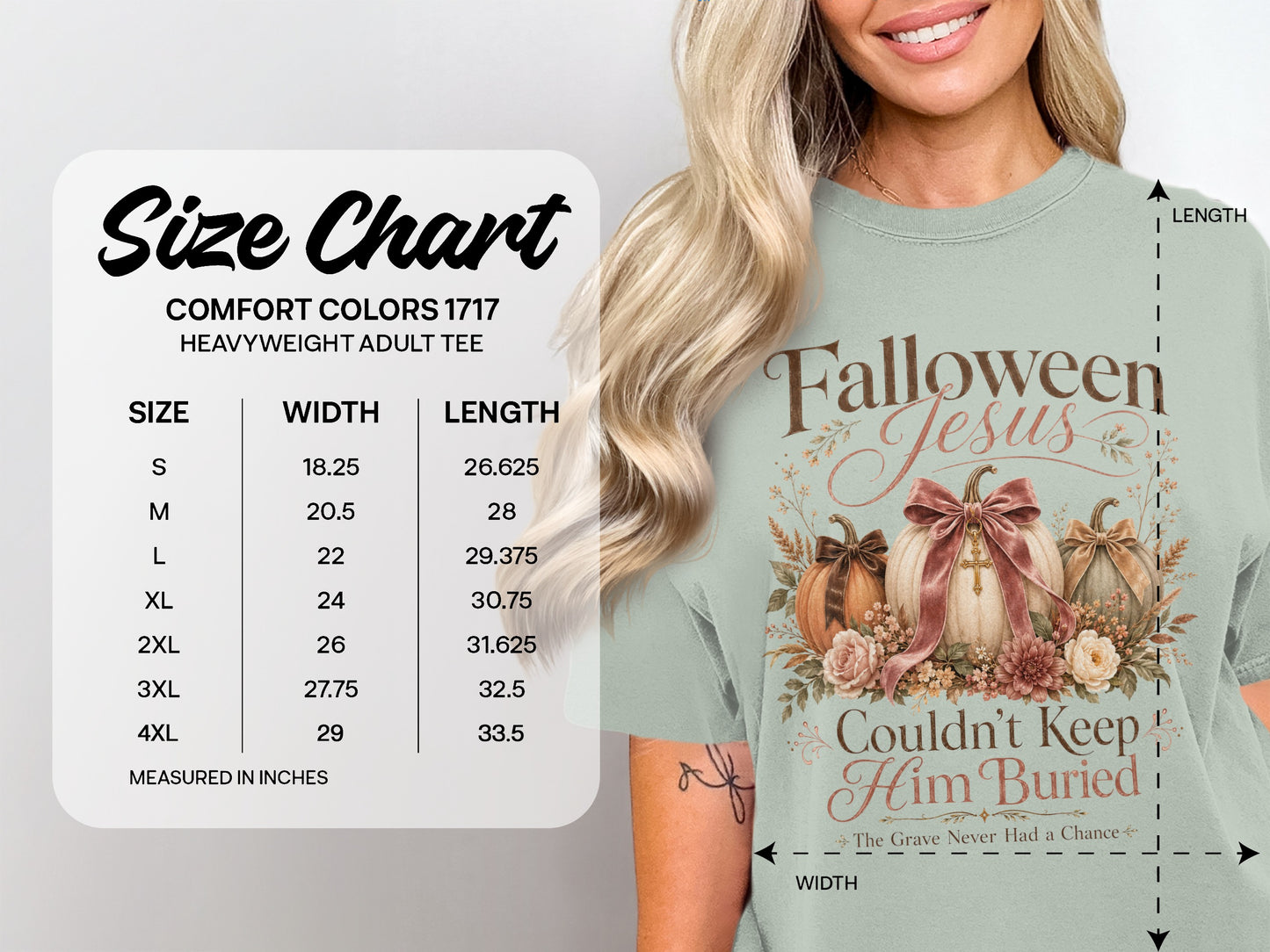 Comfort Colors 1717 size chart with "Falloween Jesus" graphic and pumpkins.