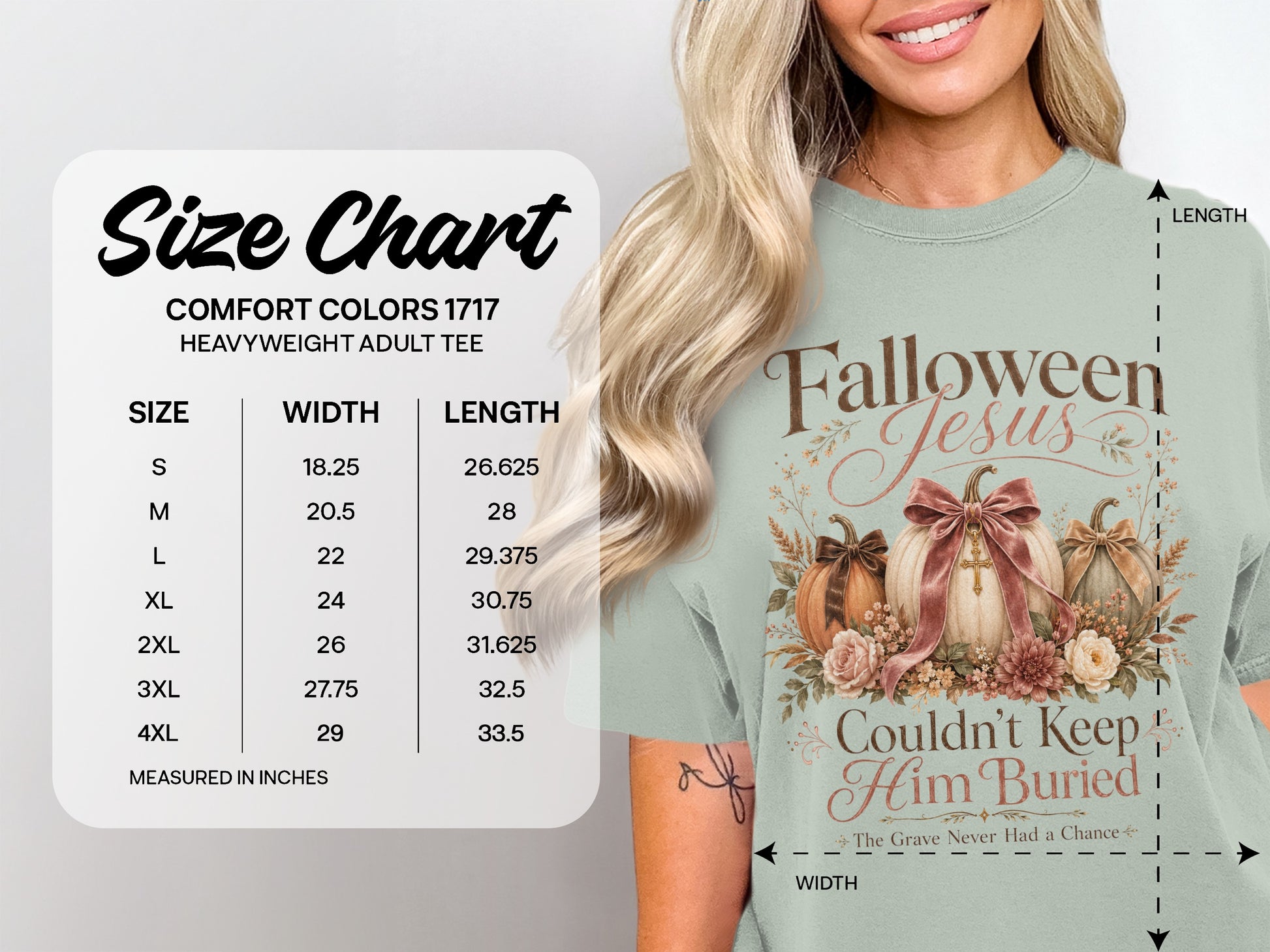 Comfort Colors 1717 size chart with "Falloween Jesus" graphic and pumpkins.