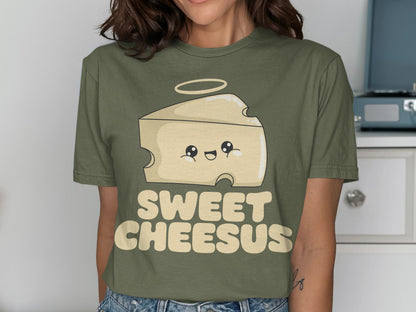 Green t-shirt with a smiling cheese slice graphic and "Sweet Cheesus" text.