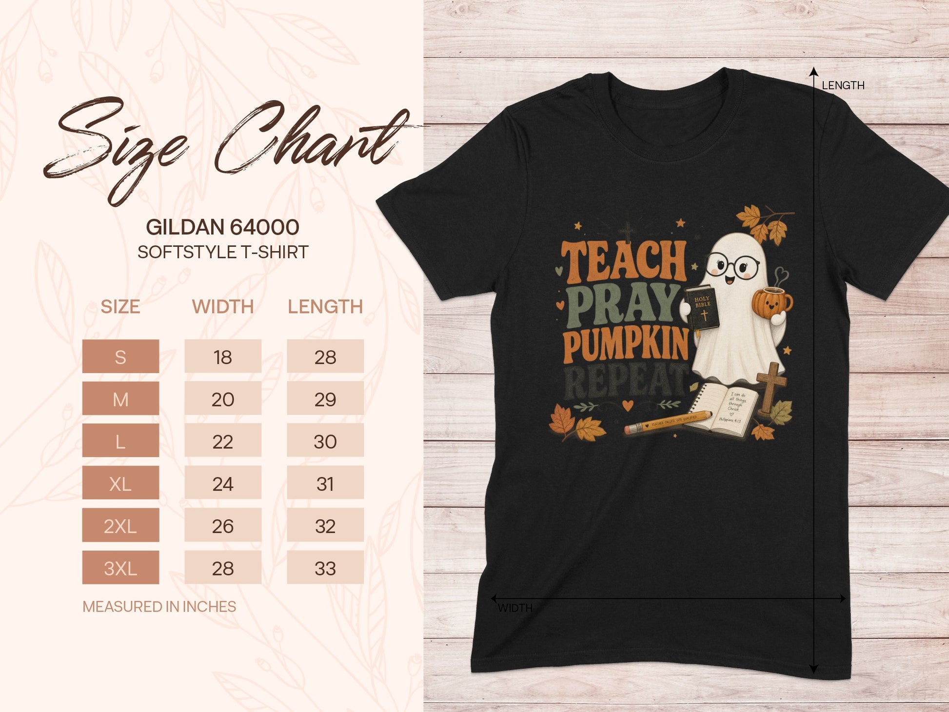 Black t-shirt with "Teach, Pray, Pumpkin, Repeat" graphic and size chart.