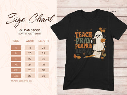 Black t-shirt with "Teach, Pray, Pumpkin, Repeat" graphic and size chart.