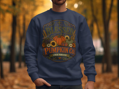 Navy sweatshirt with "Blessed Pumpkin Co. Since Forever" graphic and fall imagery.
