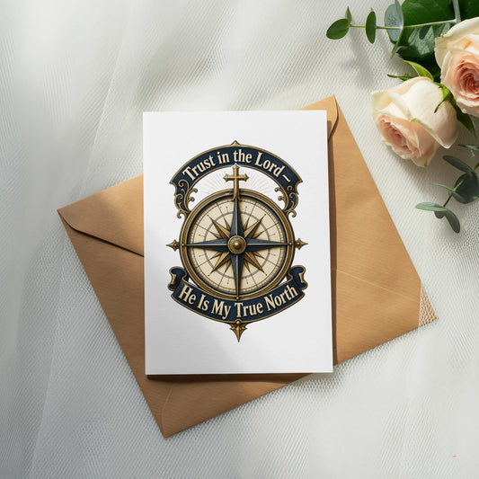 Card with compass graphic and text "Trust in the Lord - He Is My True North".