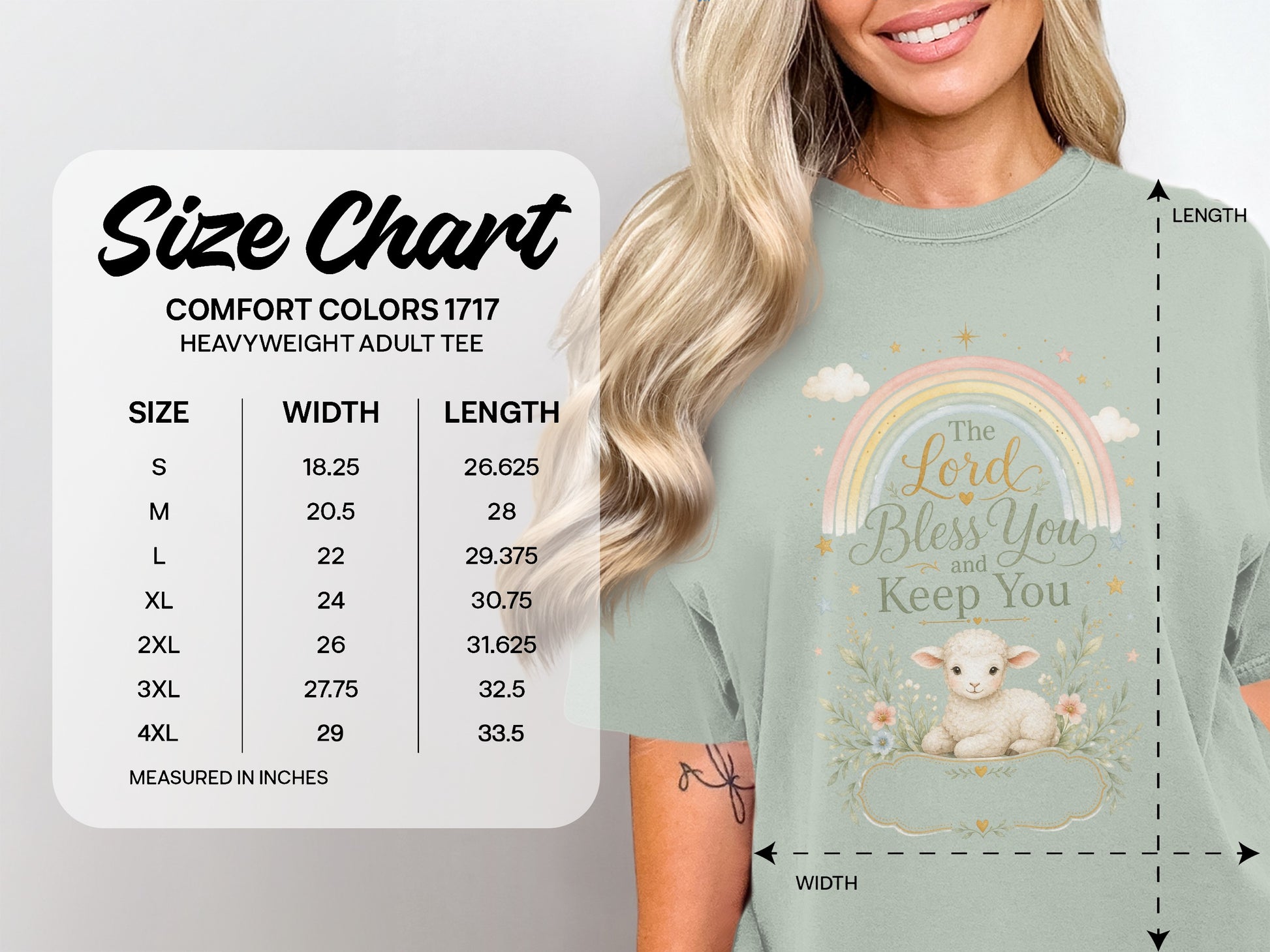 Size chart for Comfort Colors 1717 heavyweight adult tee with sheep and rainbow graphic.