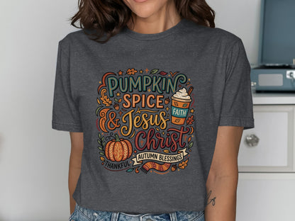 Dark grey t-shirt with "Pumpkin Spice & Jesus" and "Autumn Blessings" text.