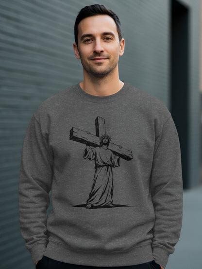 Man wearing a sweatshirt with a Jesus Christ carrying the cross graphic.