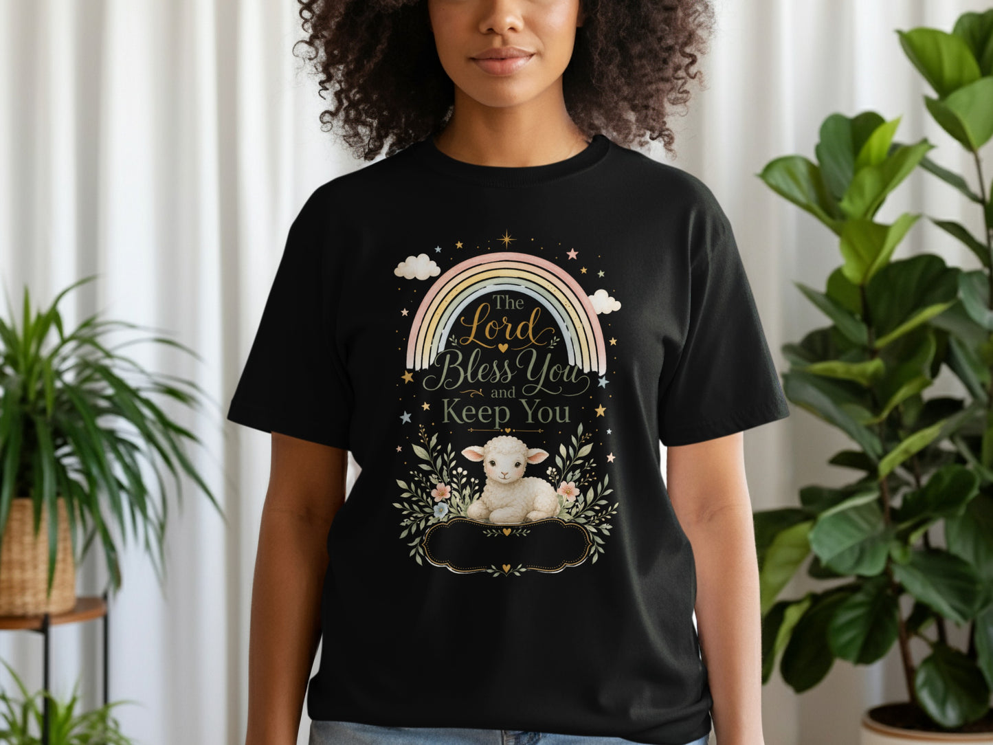 Black t-shirt with "The Lord Bless You and Keep You" text and a lamb graphic.