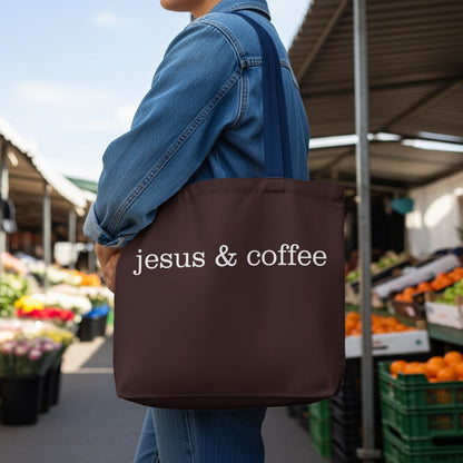 Brown tote bag with white text that reads "jesus & coffee".