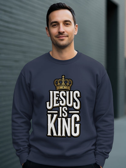 Navy sweatshirt with "Jesus is King" text and crown graphic.