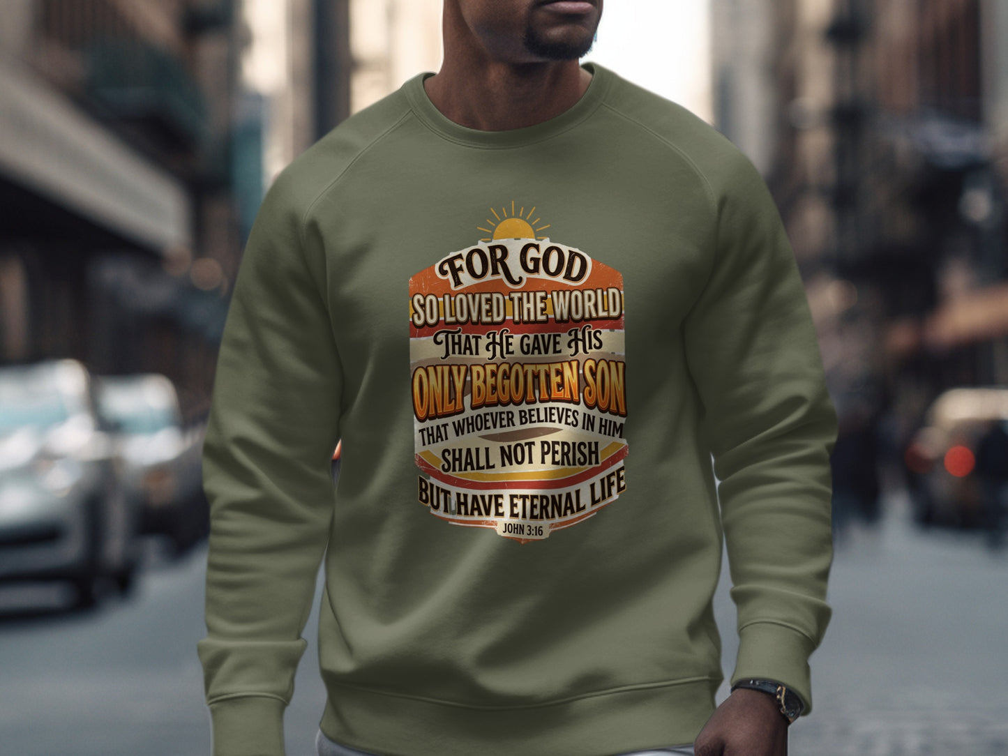 Olive sweatshirt with John 3:16 Bible verse printed on front.