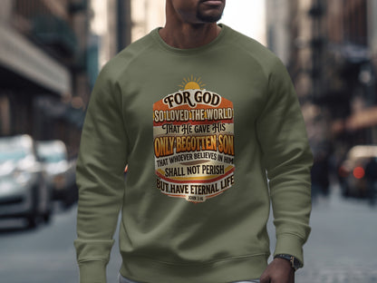 Olive sweatshirt with John 3:16 Bible verse printed on front.