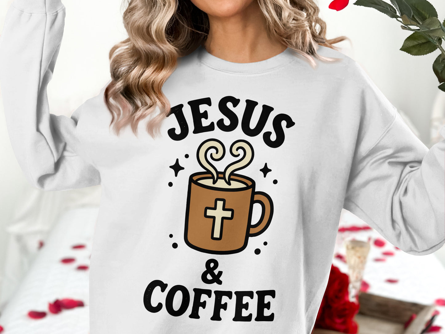 Jesus & Coffee graphic on a white sweatshirt.