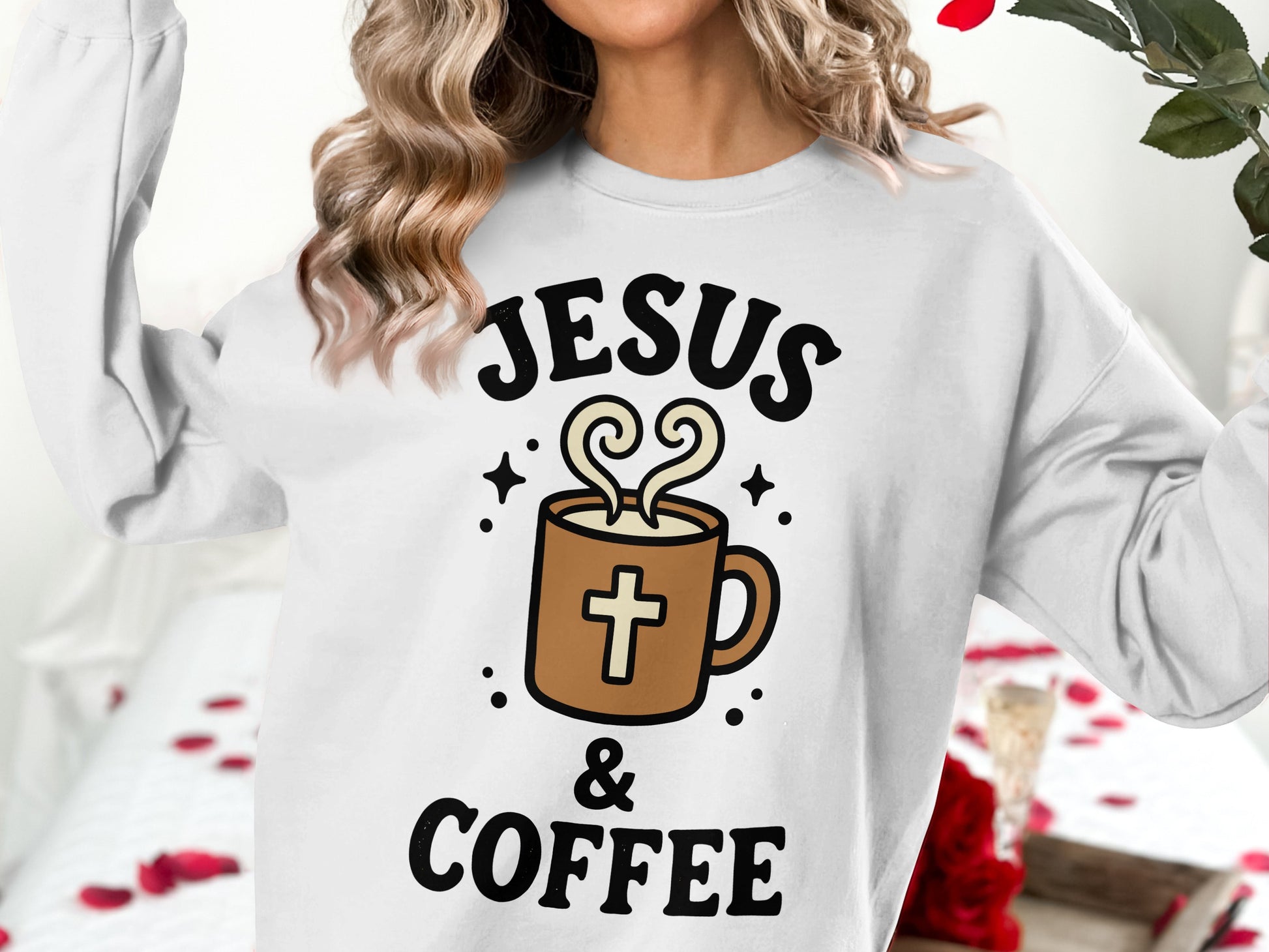 Jesus & Coffee graphic on a white sweatshirt.