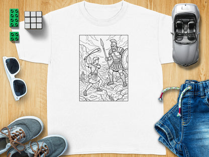 David and Goliath coloring illustration on a white t-shirt.
