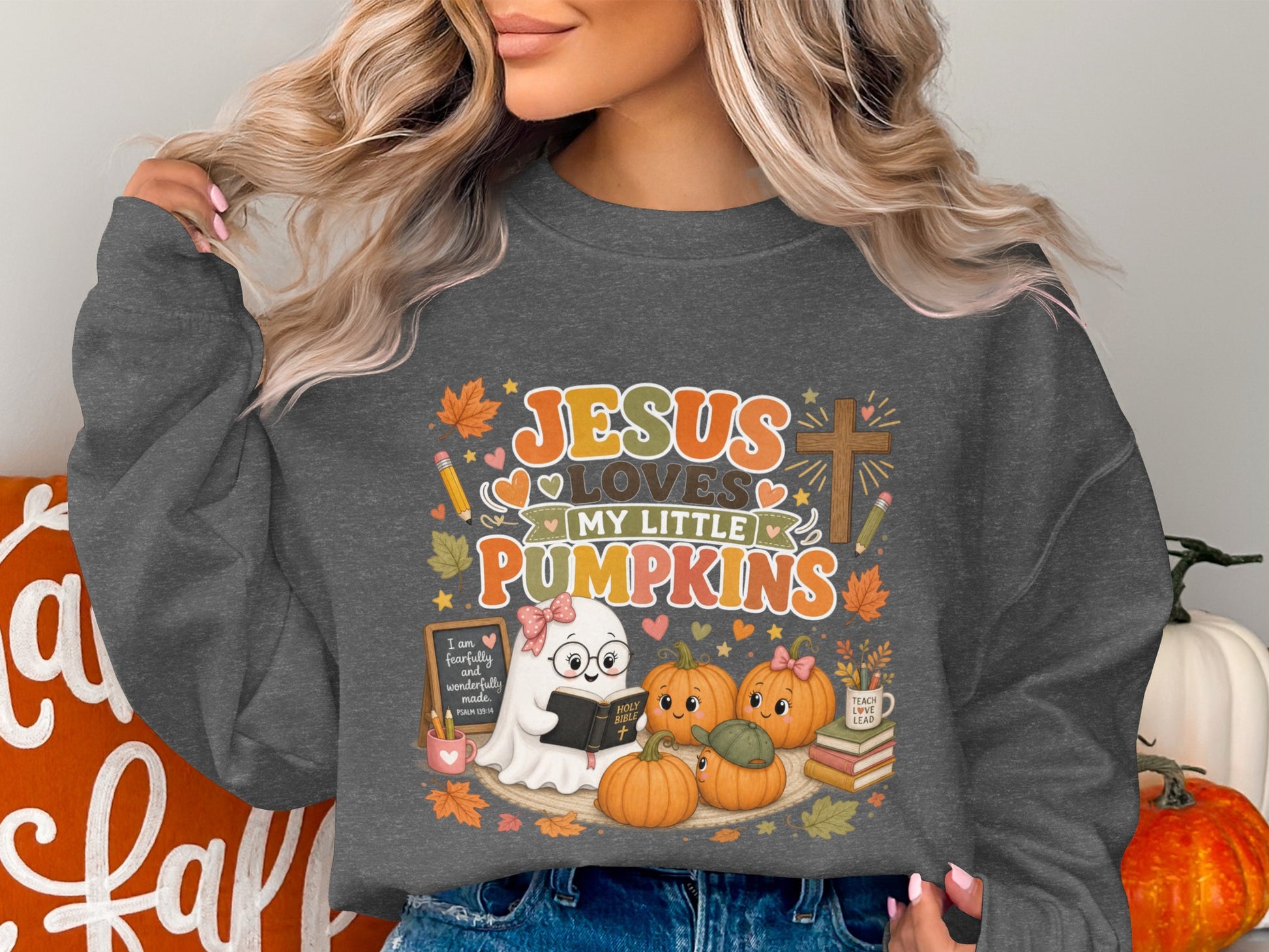 Jesus loves my little pumpkins with ghost, pumpkins, and fall leaves.
