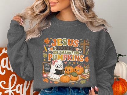 Jesus loves my little pumpkins with ghost, pumpkins, and fall leaves.