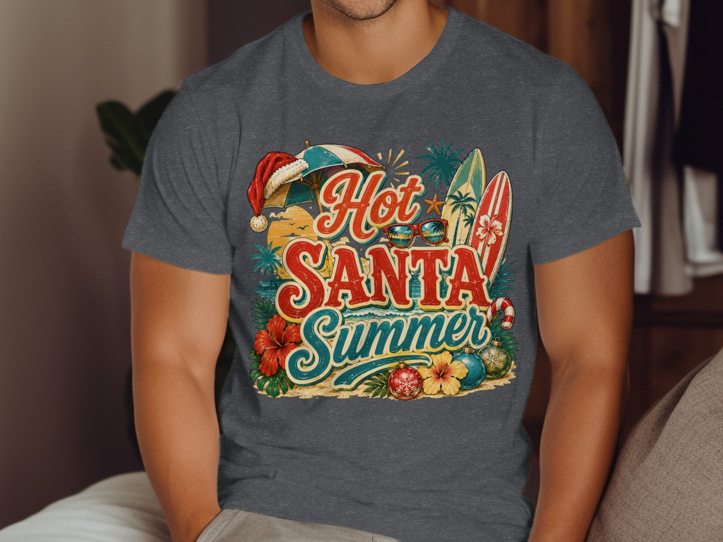 Santa hat, surfboards, and ornaments on "Hot Santa Summer" text.
