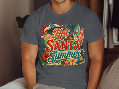 Santa hat, surfboards, and ornaments on "Hot Santa Summer" text.