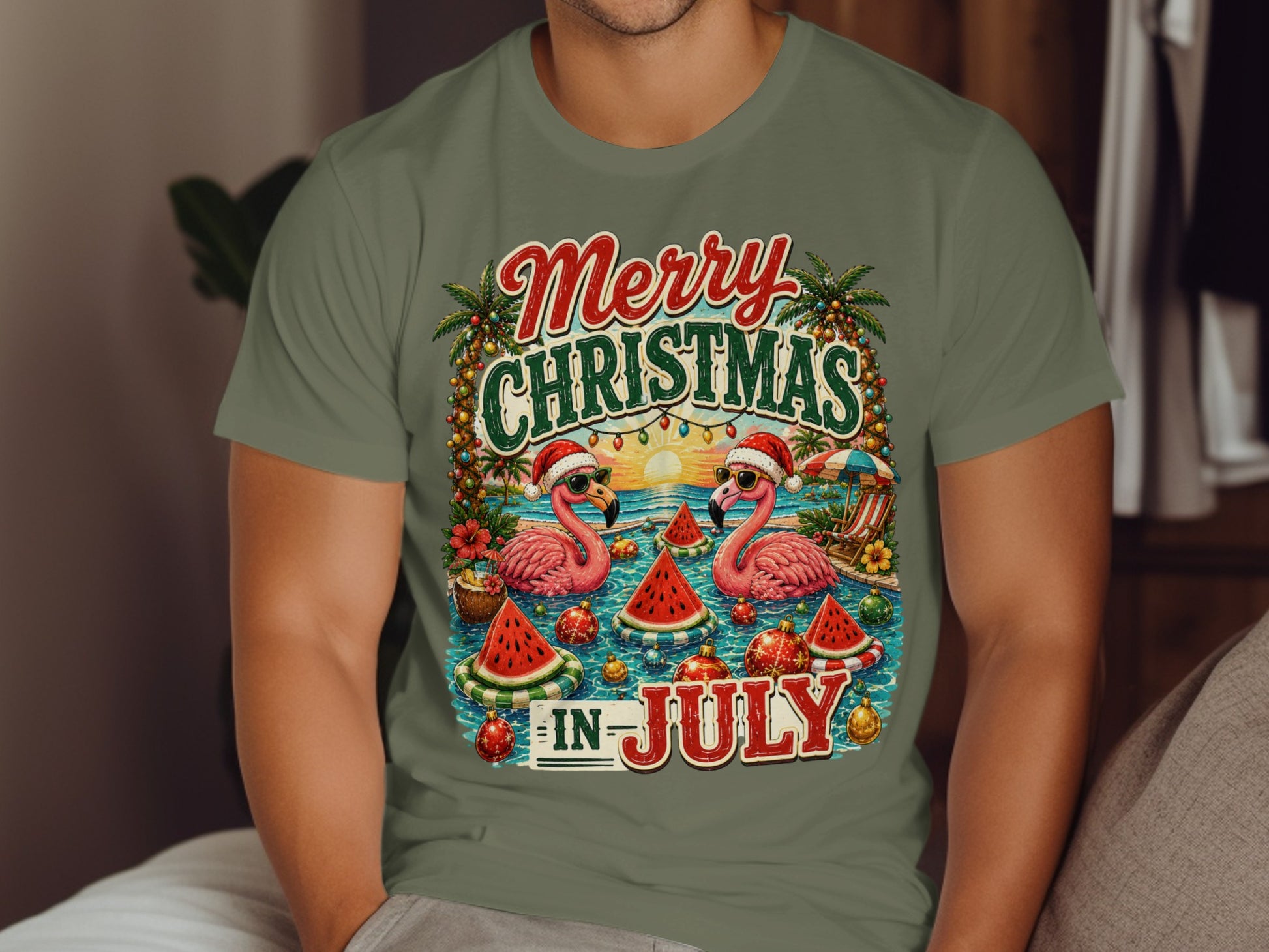 Flamingos in Santa hats float with watermelons and palm trees, "Merry Christmas In July" text.