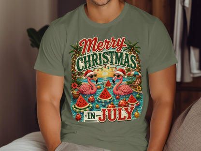 Flamingos in Santa hats float with watermelons and palm trees, "Merry Christmas In July" text.