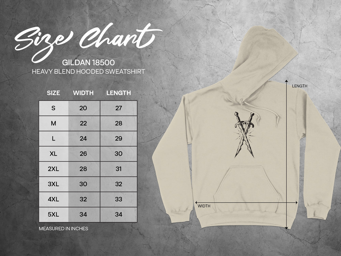 Gildan 18500 hooded sweatshirt size chart with width and length measurements.