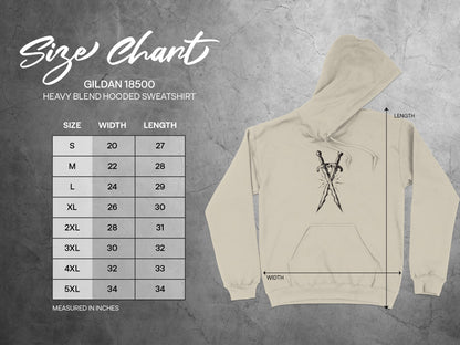 Gildan 18500 hooded sweatshirt size chart with width and length measurements.