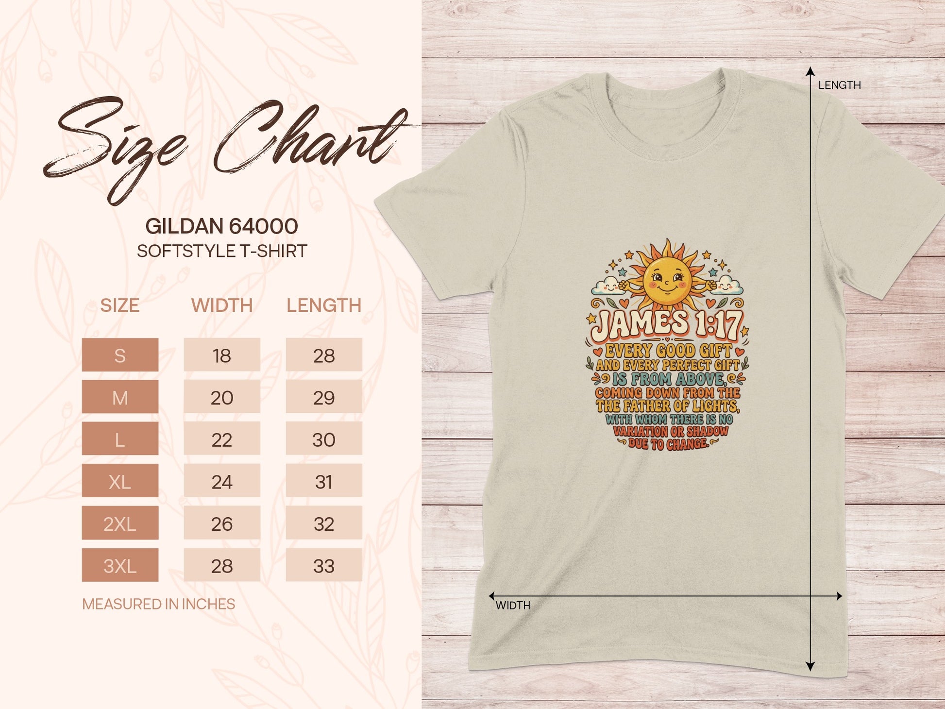 Gildan 64000 size chart with James 1:17 scripture on t-shirt.