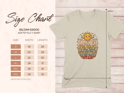Gildan 64000 size chart with James 1:17 scripture on t-shirt.